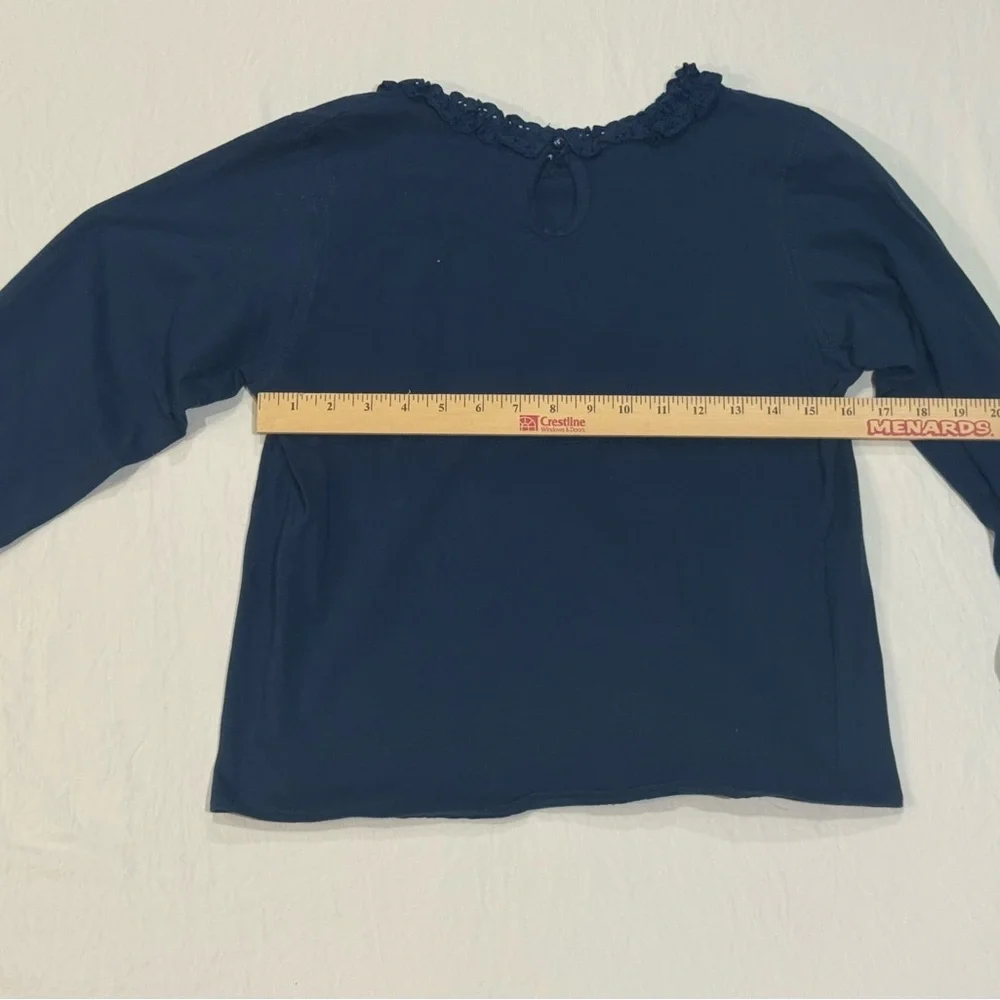 Girls‎ Navy Long Sleeve Blouse Lace Neck Cotton Shirt Size XL 12 14